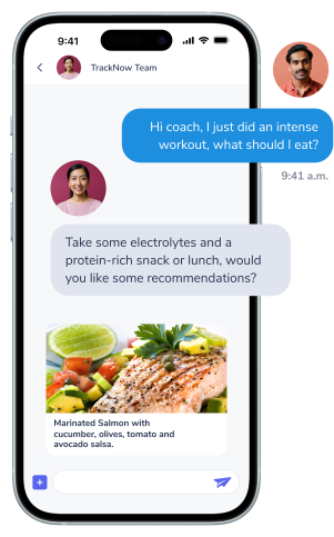 A picture of a phone with a chat open between the user and the assistant, the user is asking for a suggestion on what to eat after an intense workout and the assistant sent a Marineted salmon recipe as a suggestion