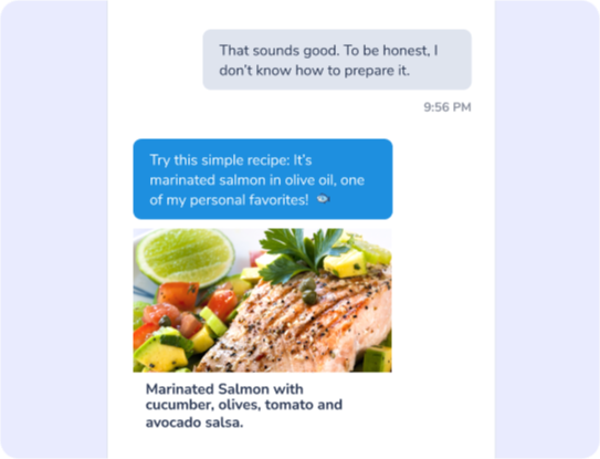 A picture of a chat history where the user mentions he doesn't know how to prepare a meal and the AI assistant sends a recipe of a Marinated Salmon