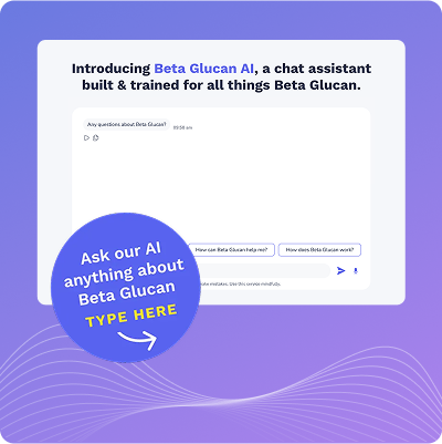 An image of a chat with a pin on top of it saying 'Ask our AI anything about Beta Glucan TYPE HERE' with an arrow pointing to the chat