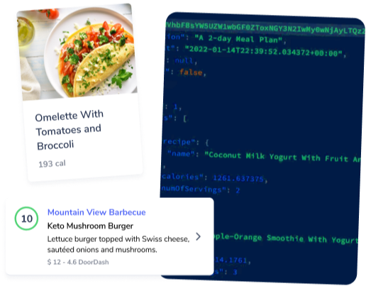 An image showing an omelette photo, a keto burger doordash order description and a recipe in programming object format
