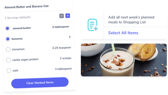 a picture displaying a shopping list for almond butter and banana oat on the left with a photo of the final recipe on the right