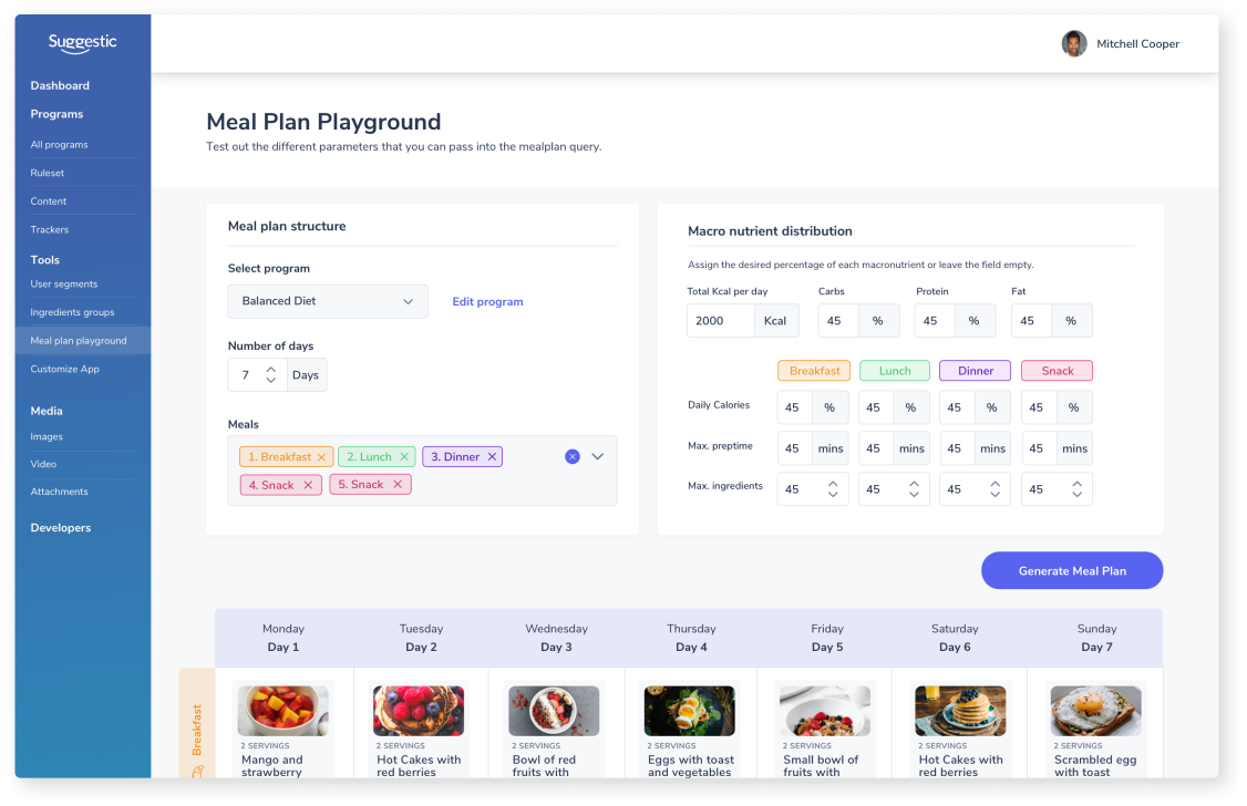 A picture of the Suggestic's Meal Plan Playground in action, showing the different nutritional values of the meal plan generated by the platform.
