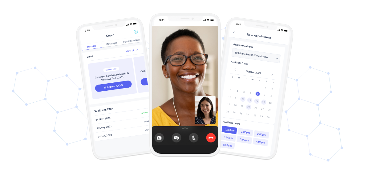 A picture showing 3 phones, one with the option to check their labs results,
another one with a video call, and a third one booking a new appointment on a calendar.